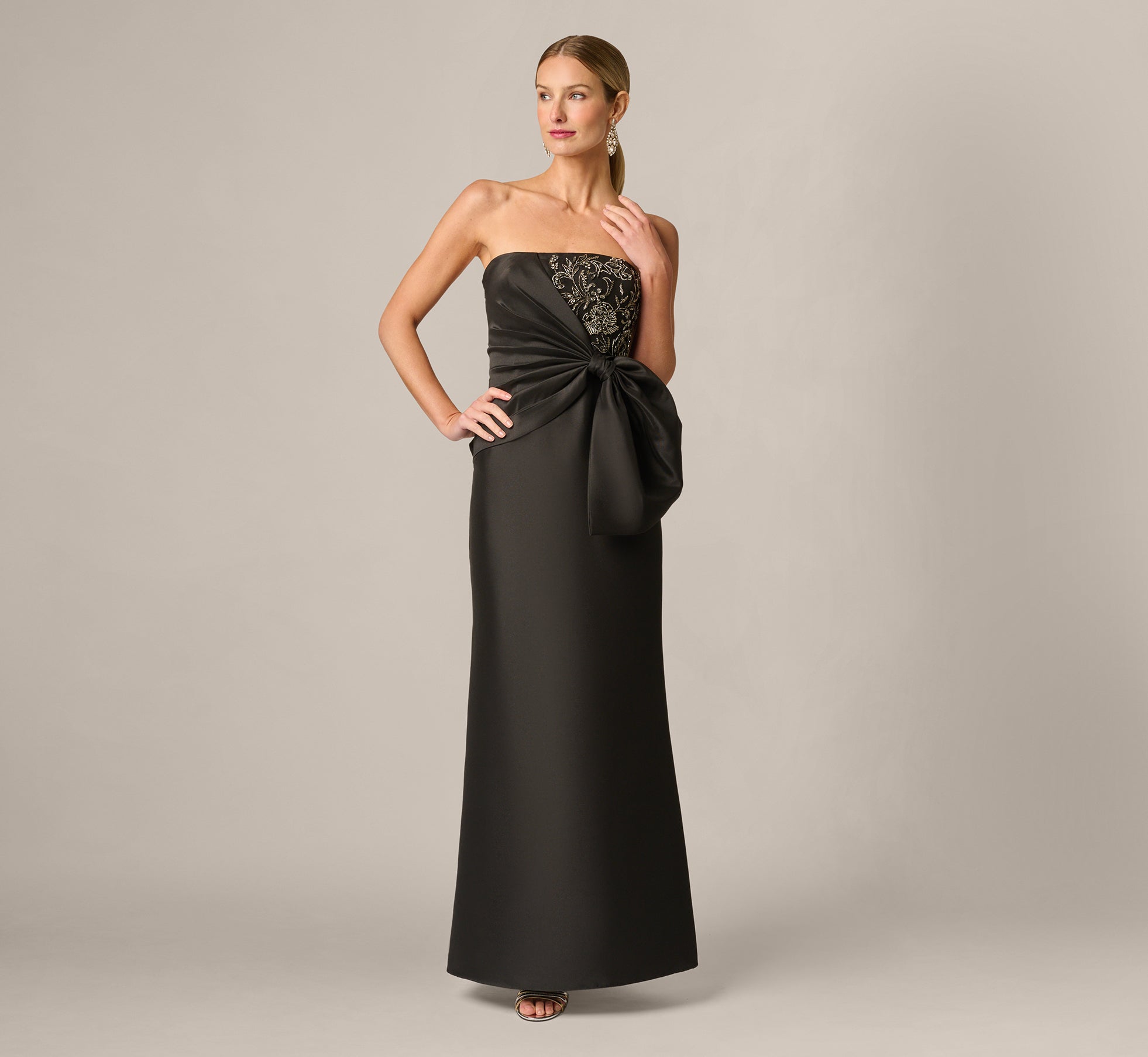 Strapless Mikado Beaded Detail  Draped Bow Gown In Black 1