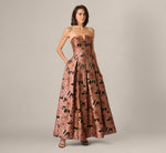 Notched Strapless Floral Jacquard Ballgown In Suntan 2