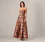 Notched Strapless Floral Jacquard Ballgown In Suntan 1