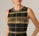 Plaid Beaded Fringe Cocktail Dress In Black Gold 3