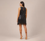 Sequined Trapeze Halter Dress With Feather Trim In Black 5
