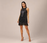 Sequined Trapeze Halter Dress With Feather Trim In Black 2