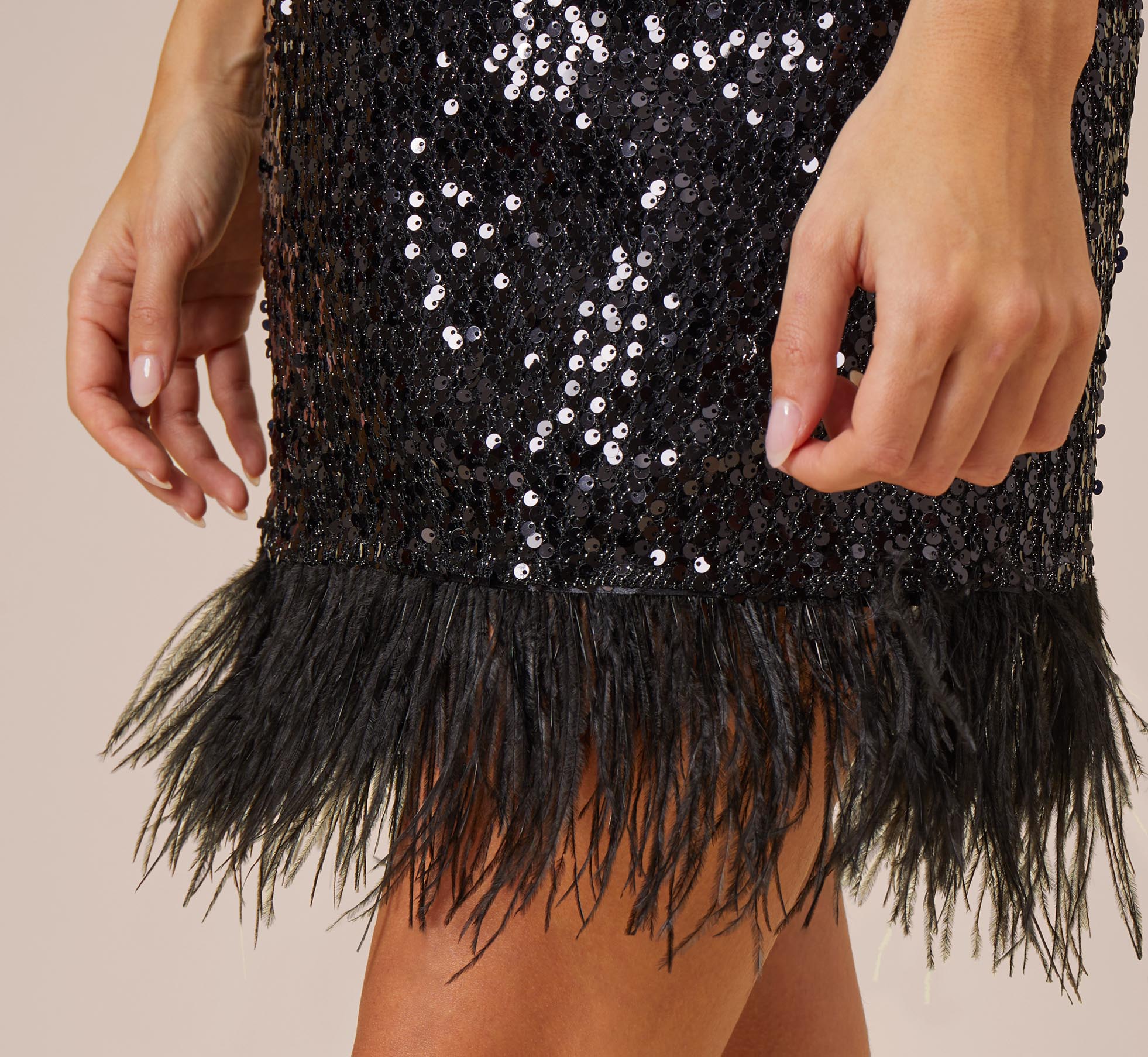 Black Sequined Trapeze Halter Dress With Feather Trim - Adrianna Papell Black Sequined Trapeze Halter Dress With Feather Trim - Adrianna Papell