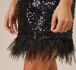 Sequined Trapeze Halter Dress With Feather Trim In Black 3
