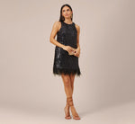 Sequined Trapeze Halter Dress With Feather Trim In Black 1