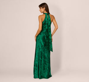 Metallic Chiffon Halter Gown In Green