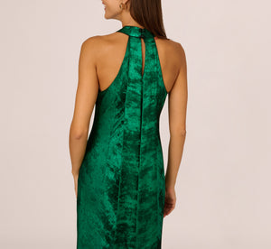 Metallic Chiffon Halter Gown In Green