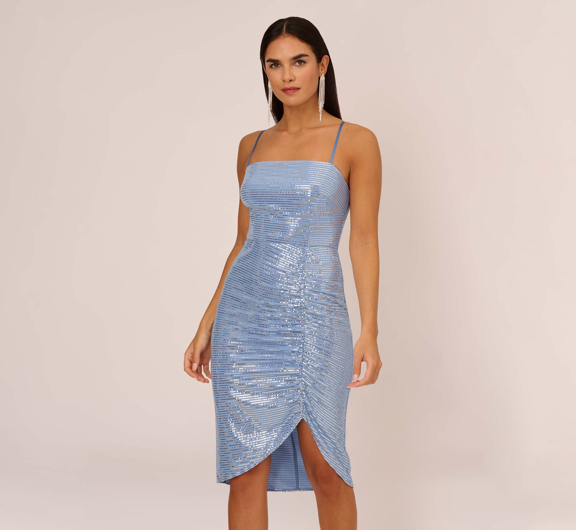 Sequin Knit Cocktail Dress With Ruched Details In Air Force