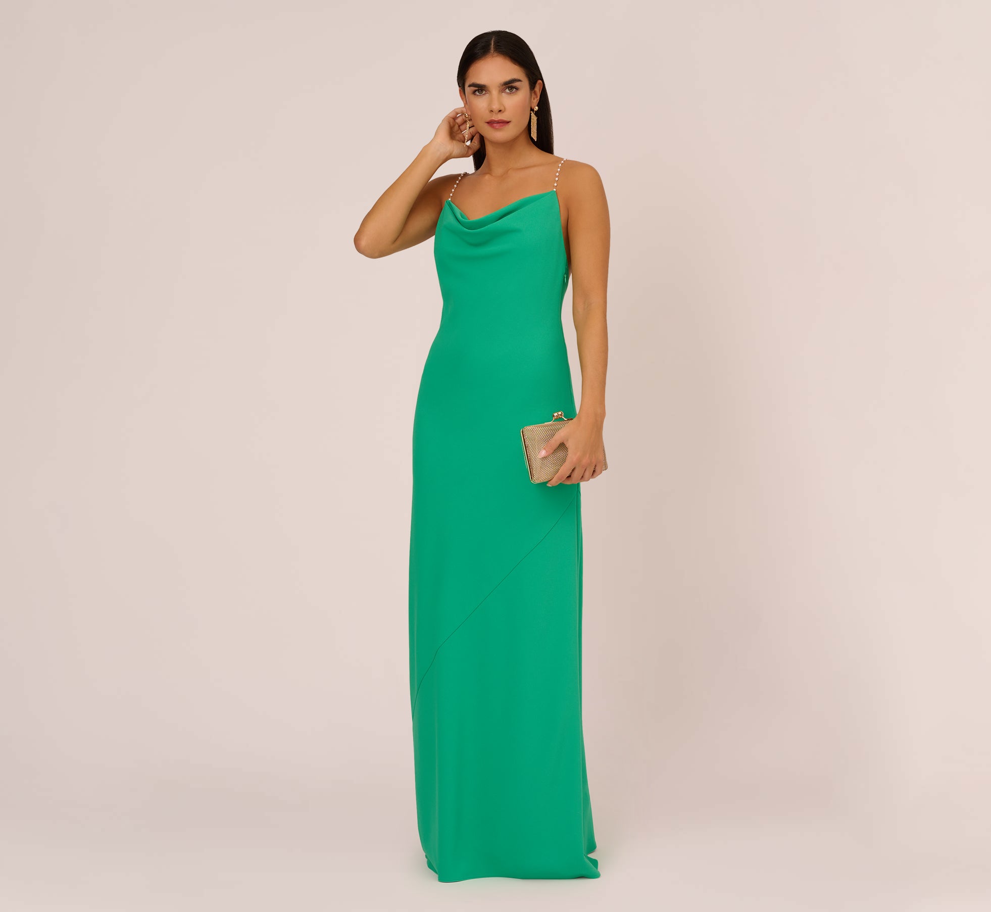 Cowl Neck Crepe Column Gown With Pearl Straps In Summer Green