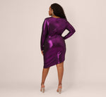 Plus Size Metallic Knit Long Sleeve Asymmetrical Dress With Ruched Details In Wild Orchid 5