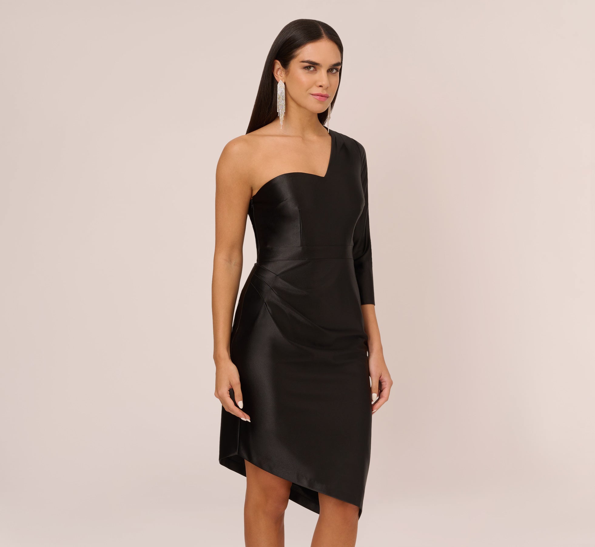 One Shoulder Satin Midi Dress With Three-Quarter Sleeve In Black - Adrianna Papell One Shoulder Satin Midi Dress With Three-Quarter Sleeve In Black - Adrianna Papell