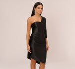 One Shoulder Satin Midi Dress With Three-Quarter Sleeve In Black 2