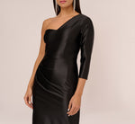 One Shoulder Satin Midi Dress With Three-Quarter Sleeve In Black 3