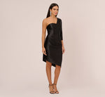 One Shoulder Satin Midi Dress With Three-Quarter Sleeve In Black 7