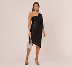 One Shoulder Satin Midi Dress With Three-Quarter Sleeve In Black 1