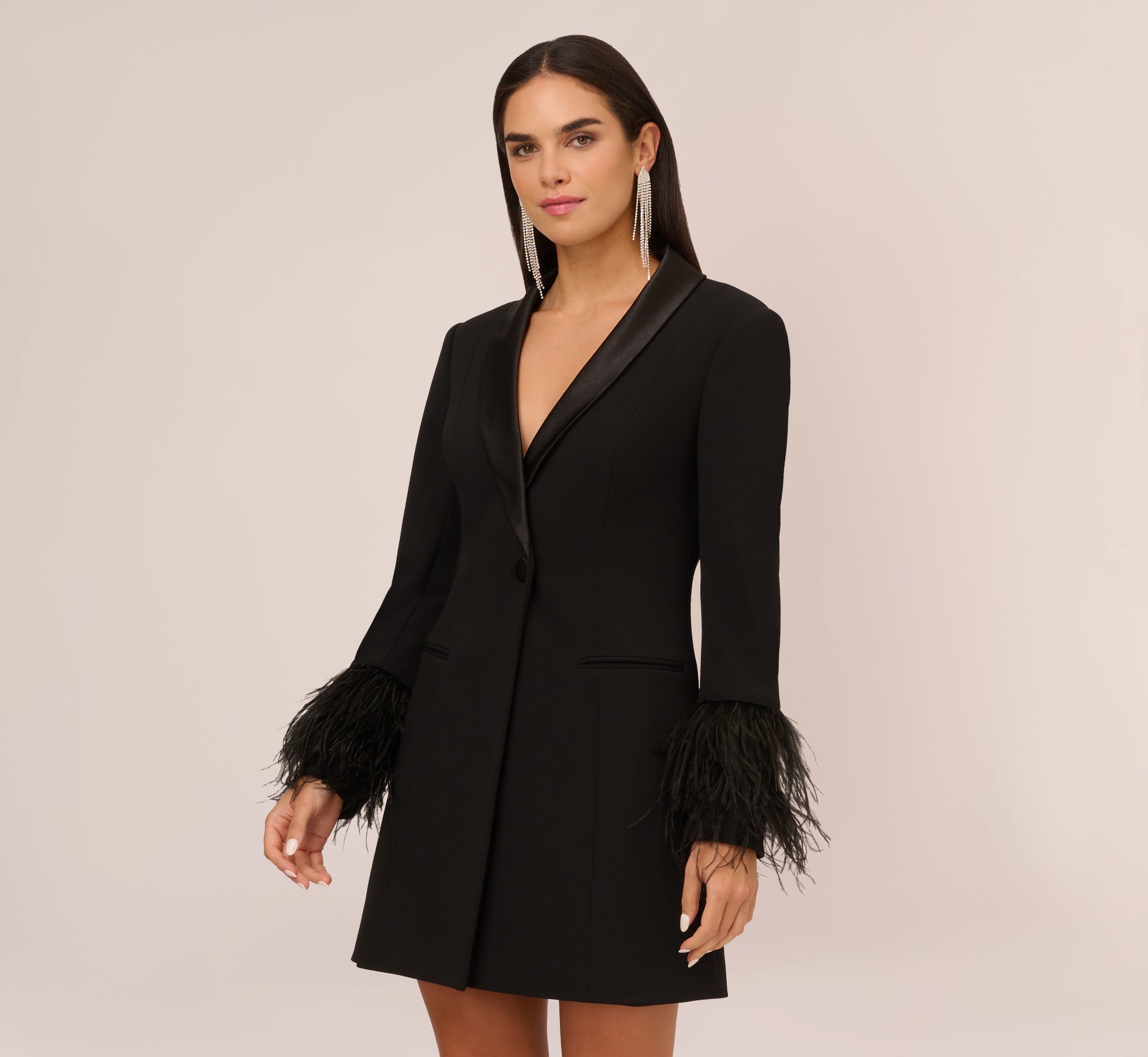 Knit Crepe Long Sleeve Blazer Dress With Feather Trim In Black ...