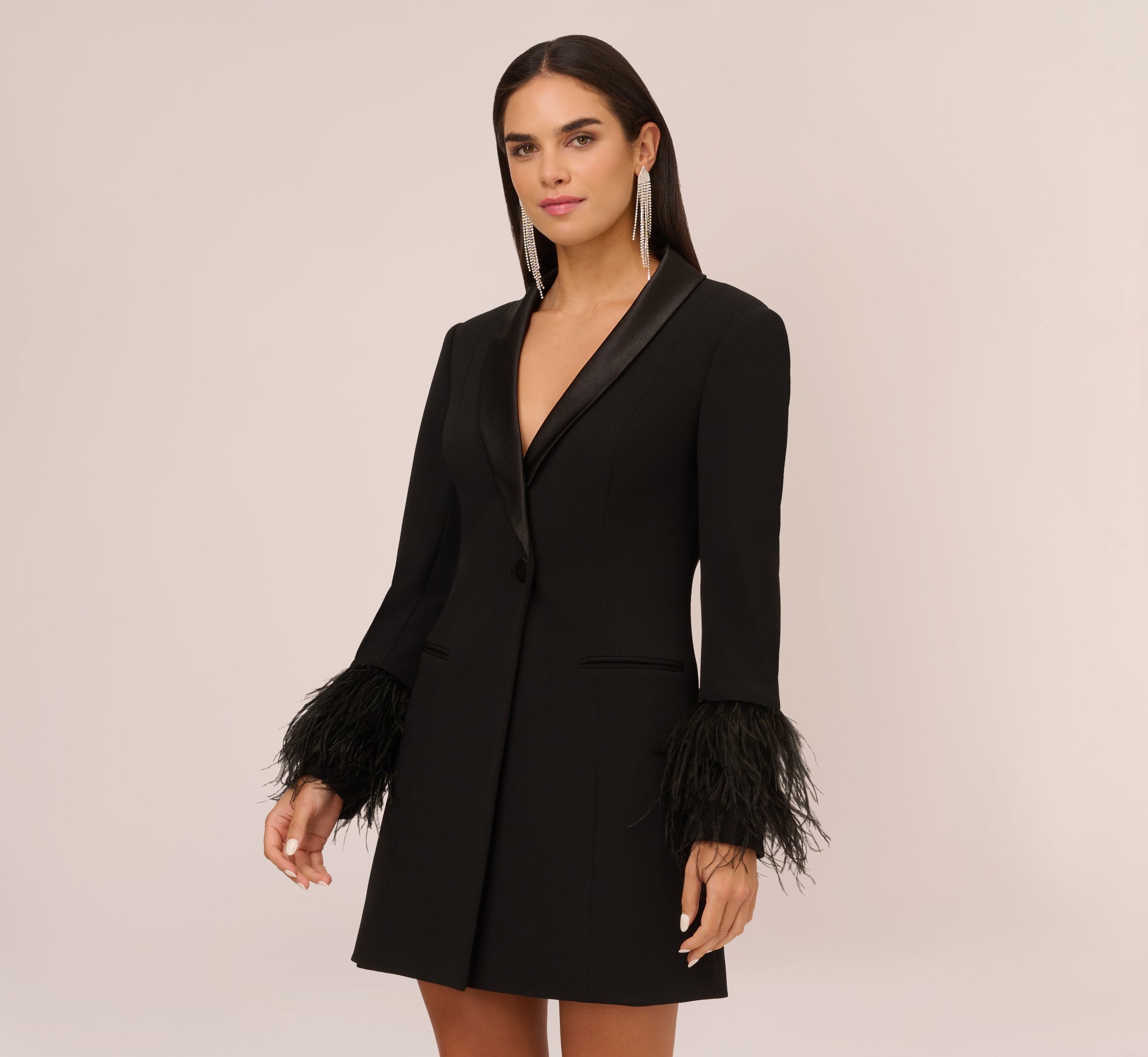 Knit Crepe Long Sleeve Blazer Dress With Feather Trim In Black