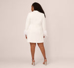 Plus Size Knit Crepe Long Sleeve Blazer Dress With Feather Trim In Ivory 5