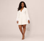 Plus Size Knit Crepe Long Sleeve Blazer Dress With Feather Trim In Ivory 1