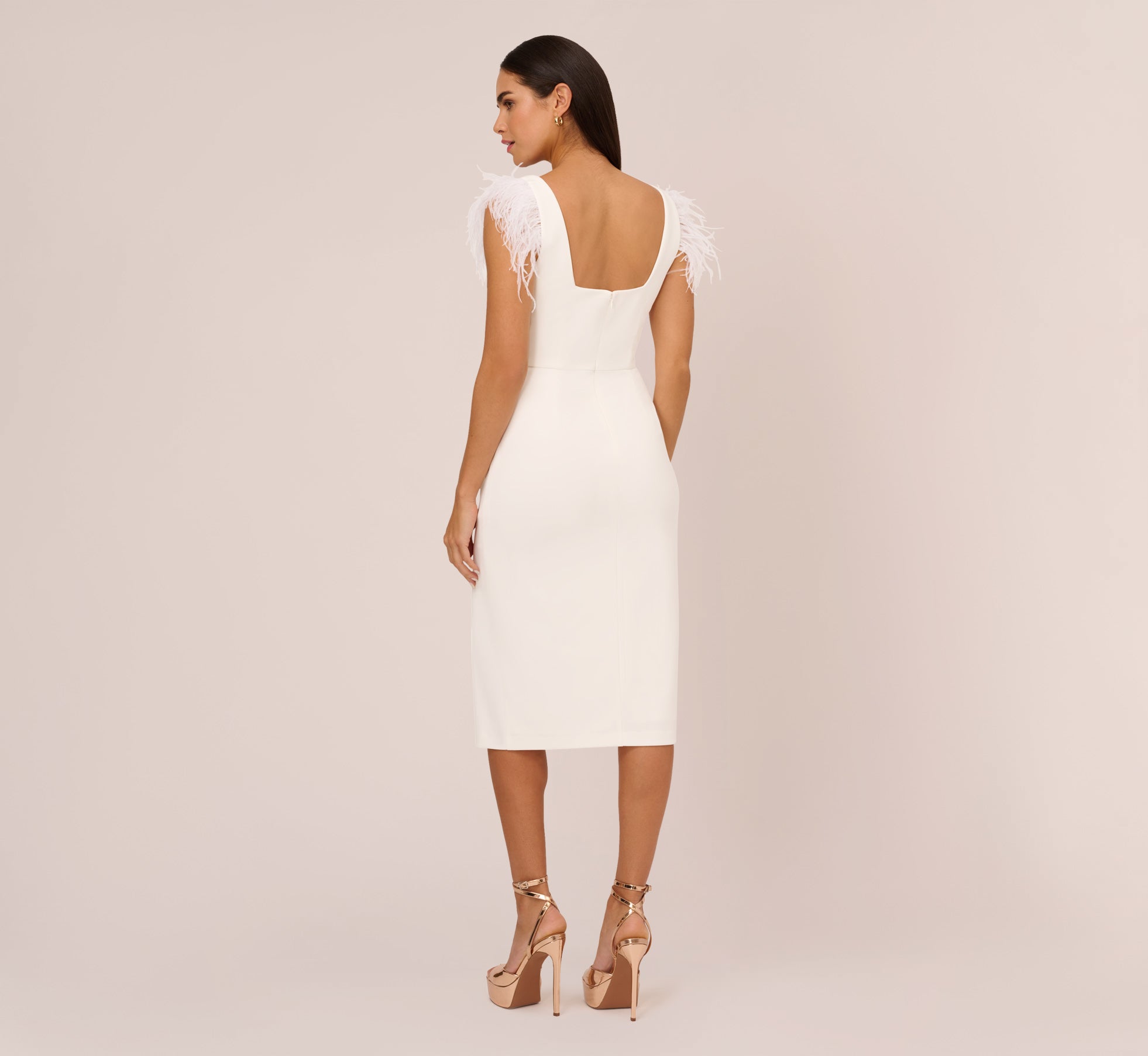 White crepe feather midi dress