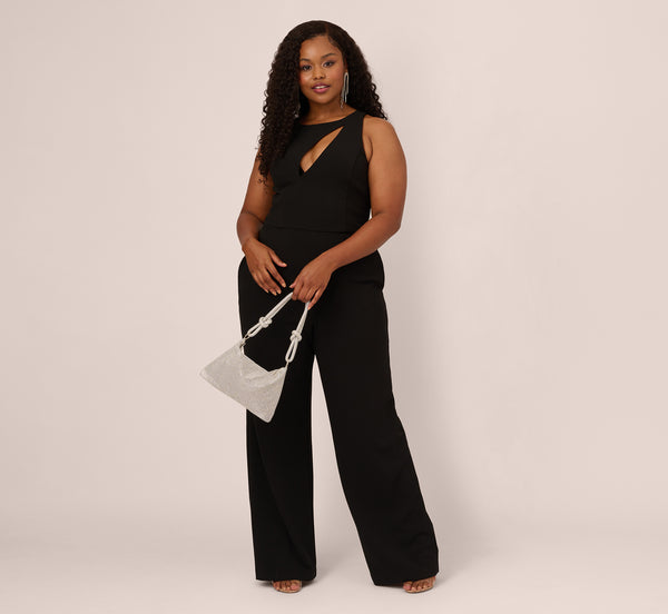 væg Korn Skyldig Plus Size Knit Crepe Wide Leg Jumpsuit With Cutout Accent In Black |  Adrianna Papell