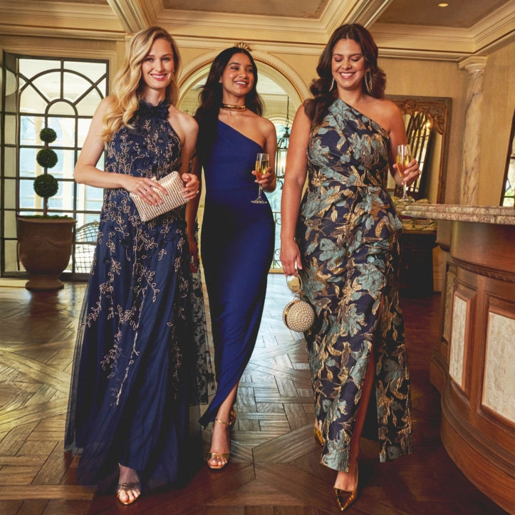 blue and gold bridesmaid dresses Navy blue and gold wedding party