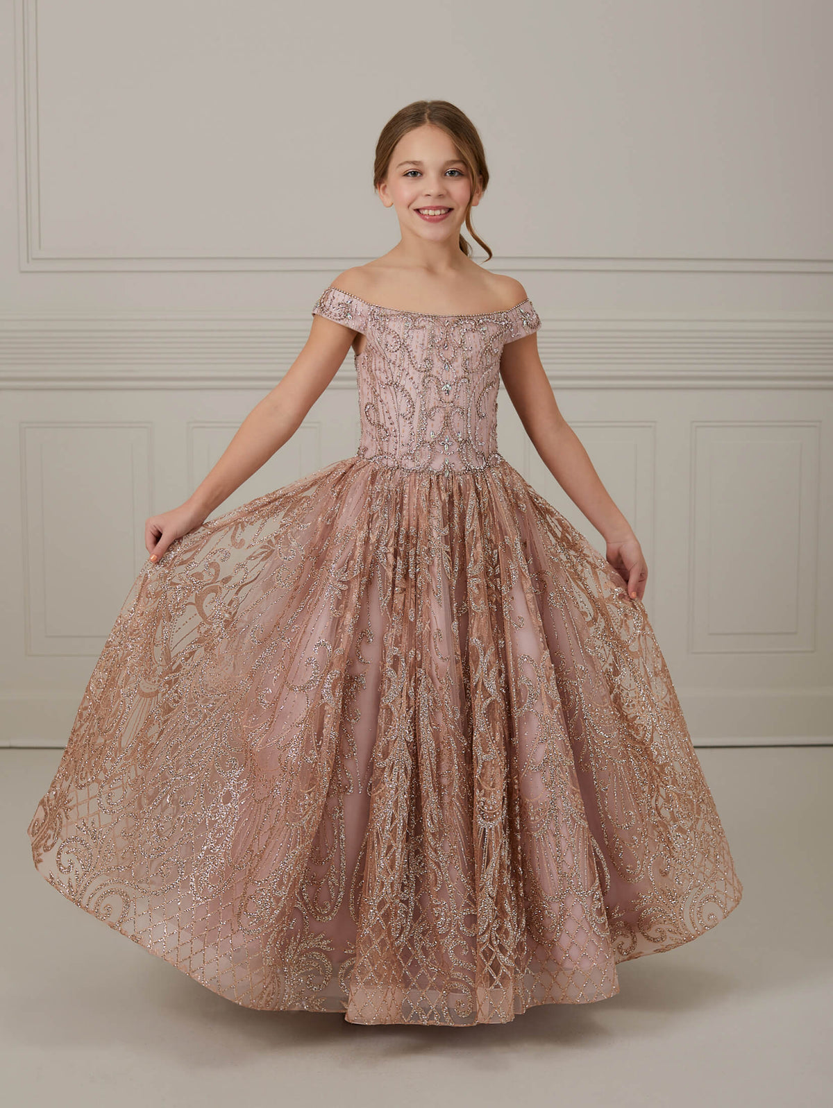 Glitter Floral Tulle Off-Shoulder A-Line Gown