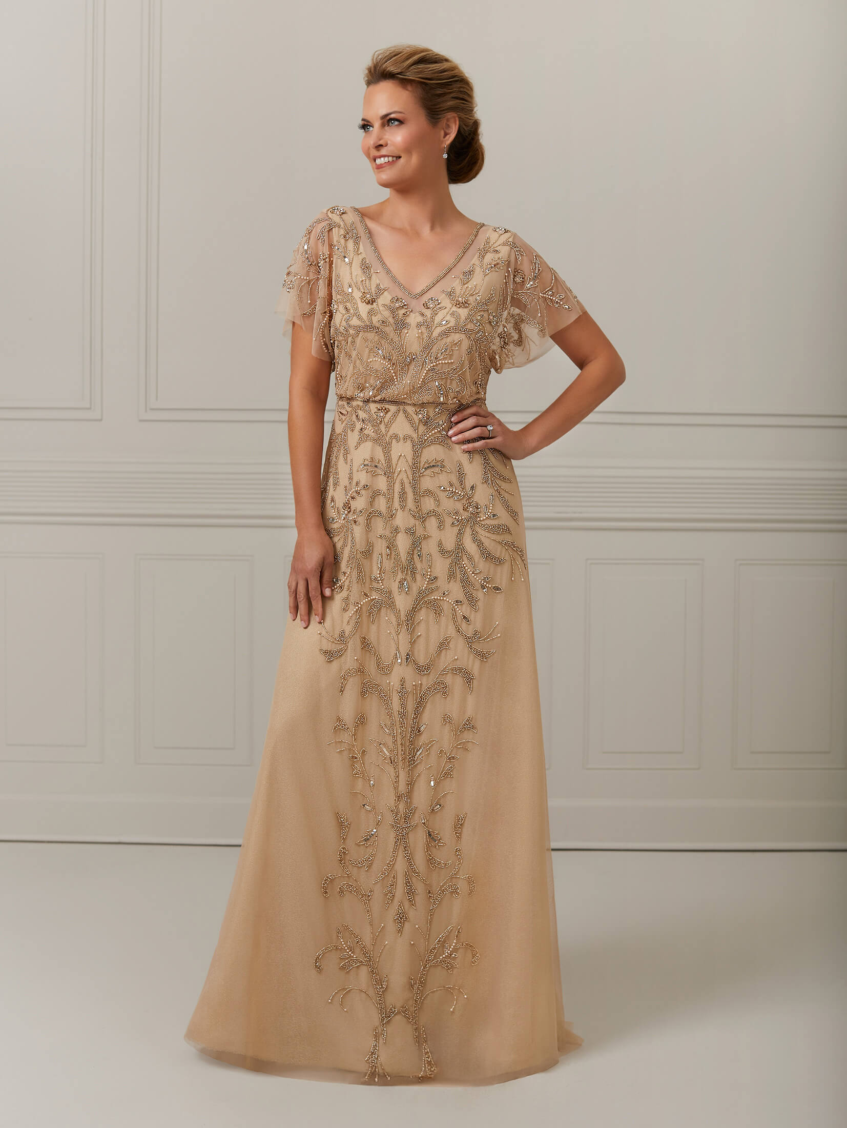 Ruffle Sleeve A-Line Gown with Illusion Trim 1