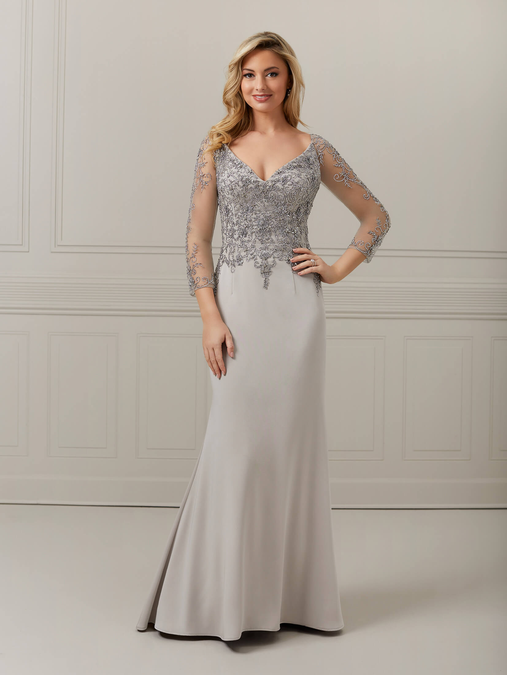 Hand-Beaded Crepe Long Sleeve Trumpet Gown 1