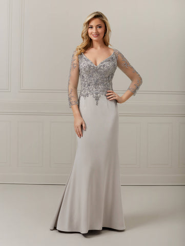 Hand-Beaded Crepe Long Sleeve Trumpet Gown 1