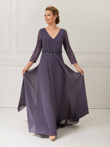 3/4-Sleeve Chiffon A-Line Dress with Lace Overlay 1