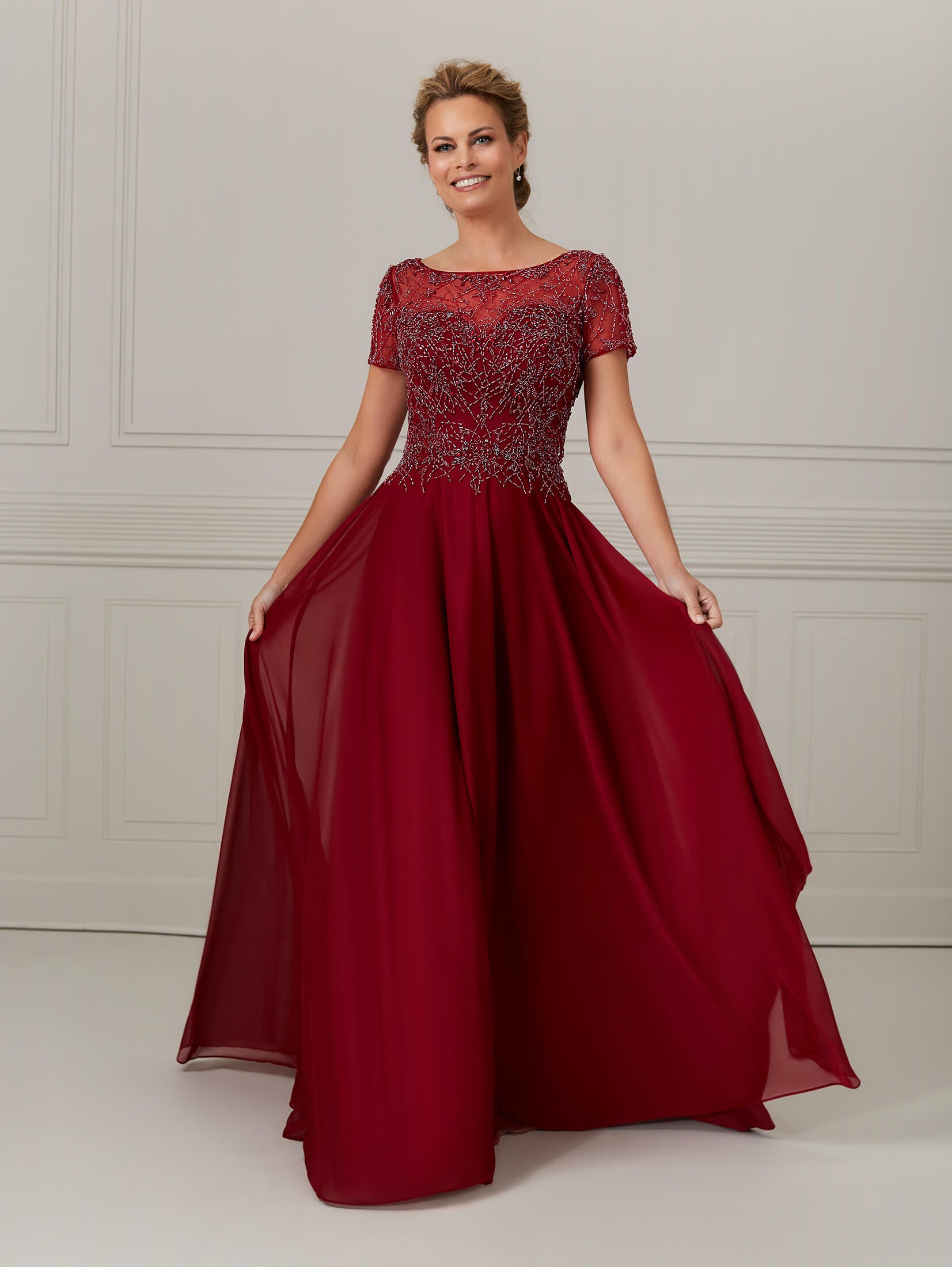 Short Sleeve Hand-Beaded Mesh Illusion Dress 1