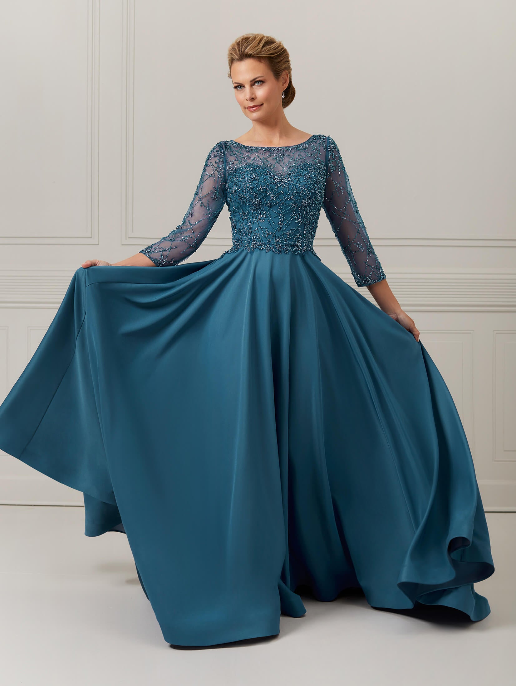 Hand-Beaded Satin Crepe Gown with Side Pockets 1