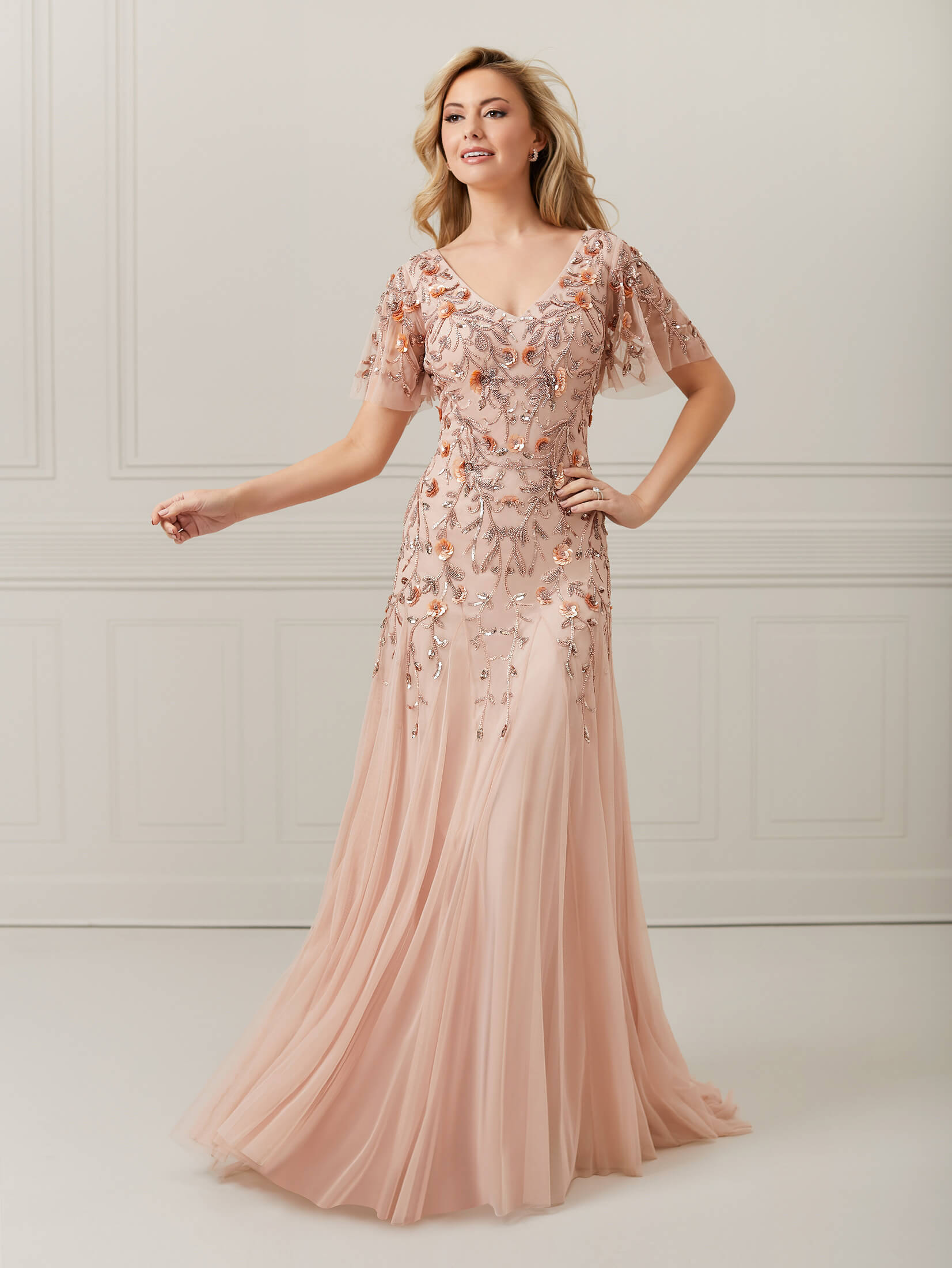 Hand-Beaded A-Line Ruffle-Sleeve Dress 1