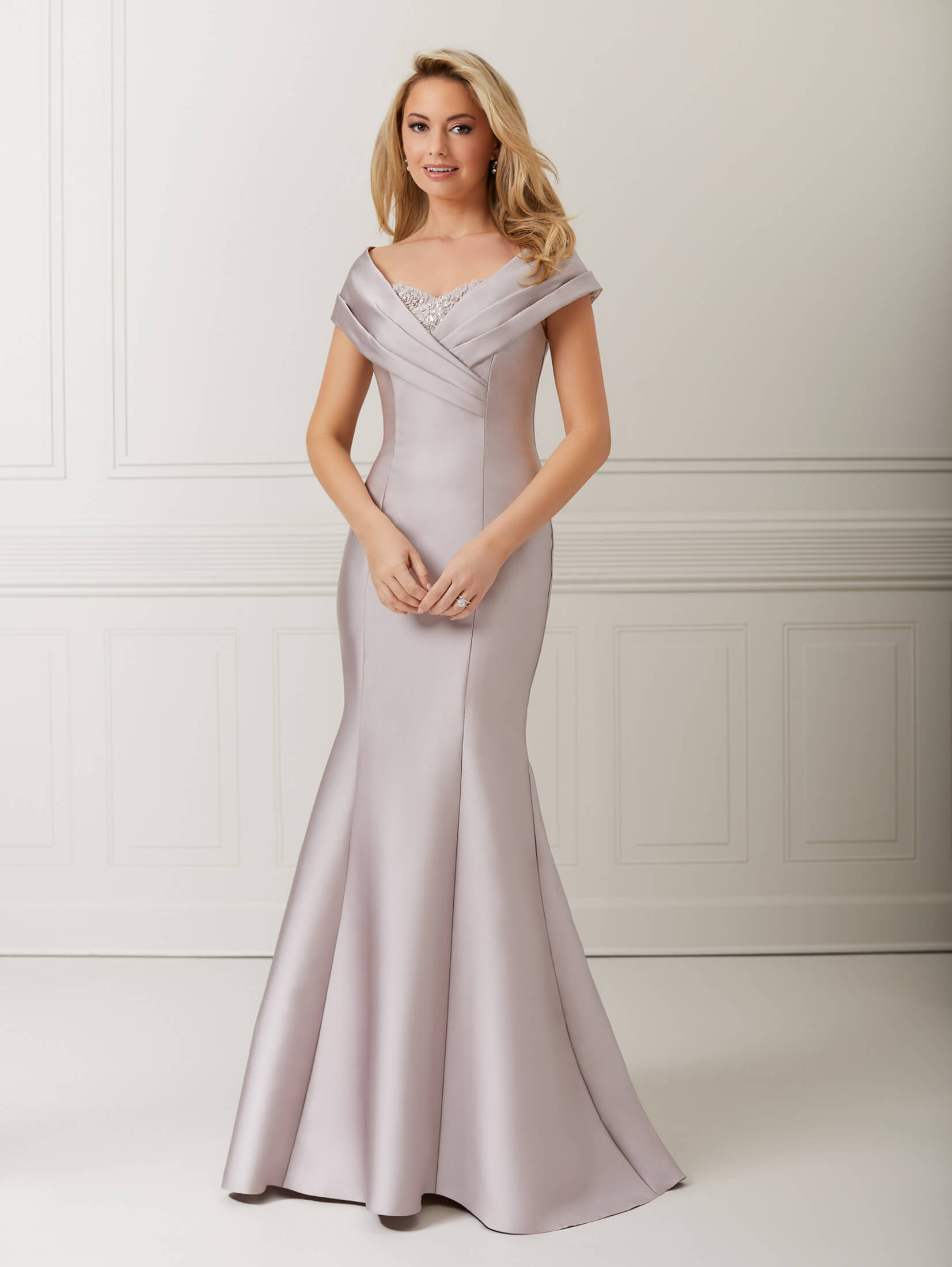 Off-Shoulder Lace and Mikado Fit-and-Flare Dress 1