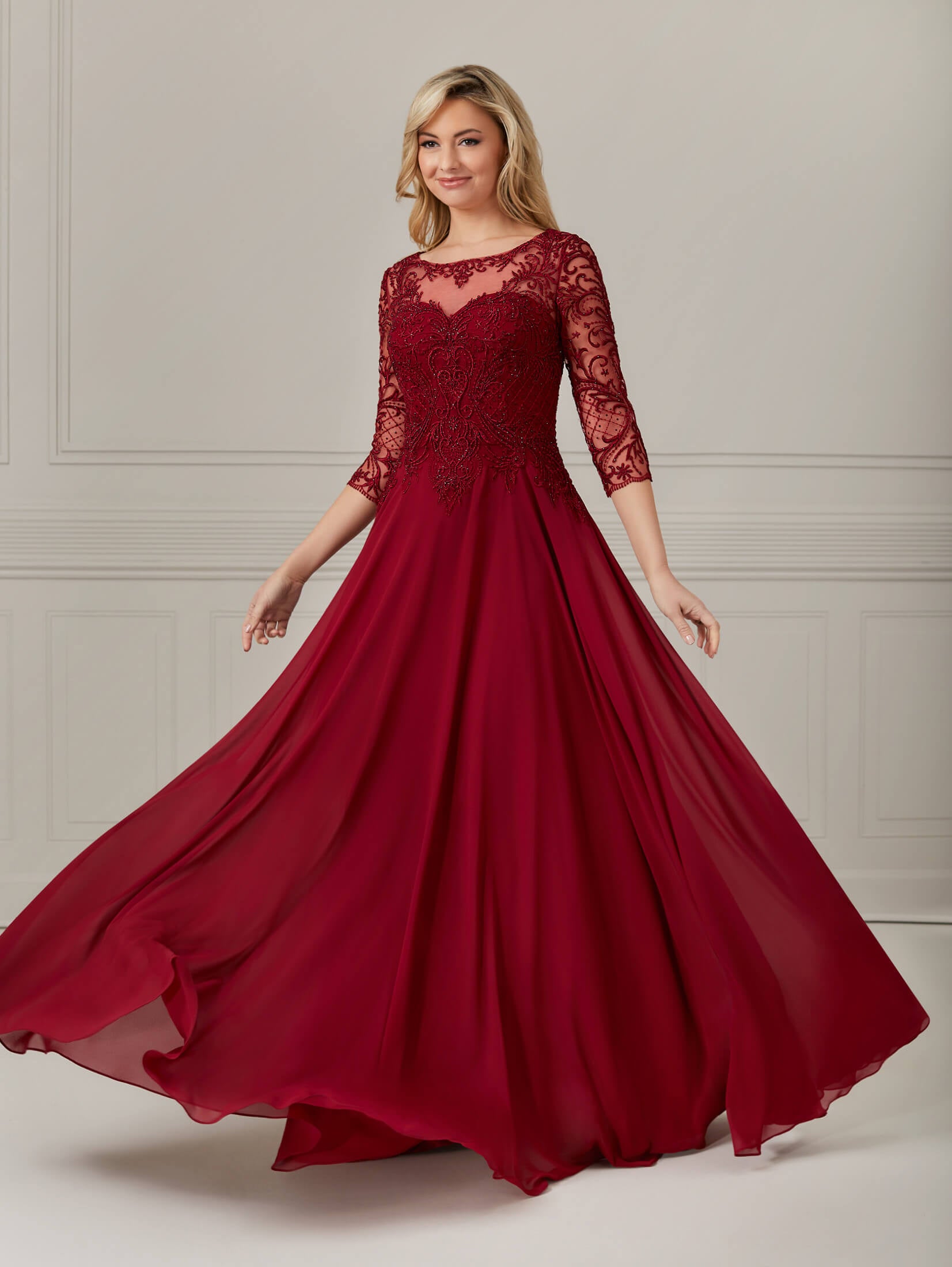 3/4 Sleeve Chiffon & Lace A-Line Dress
