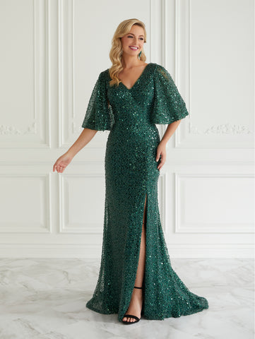 Sequined Flutter Sleeve Gown 1