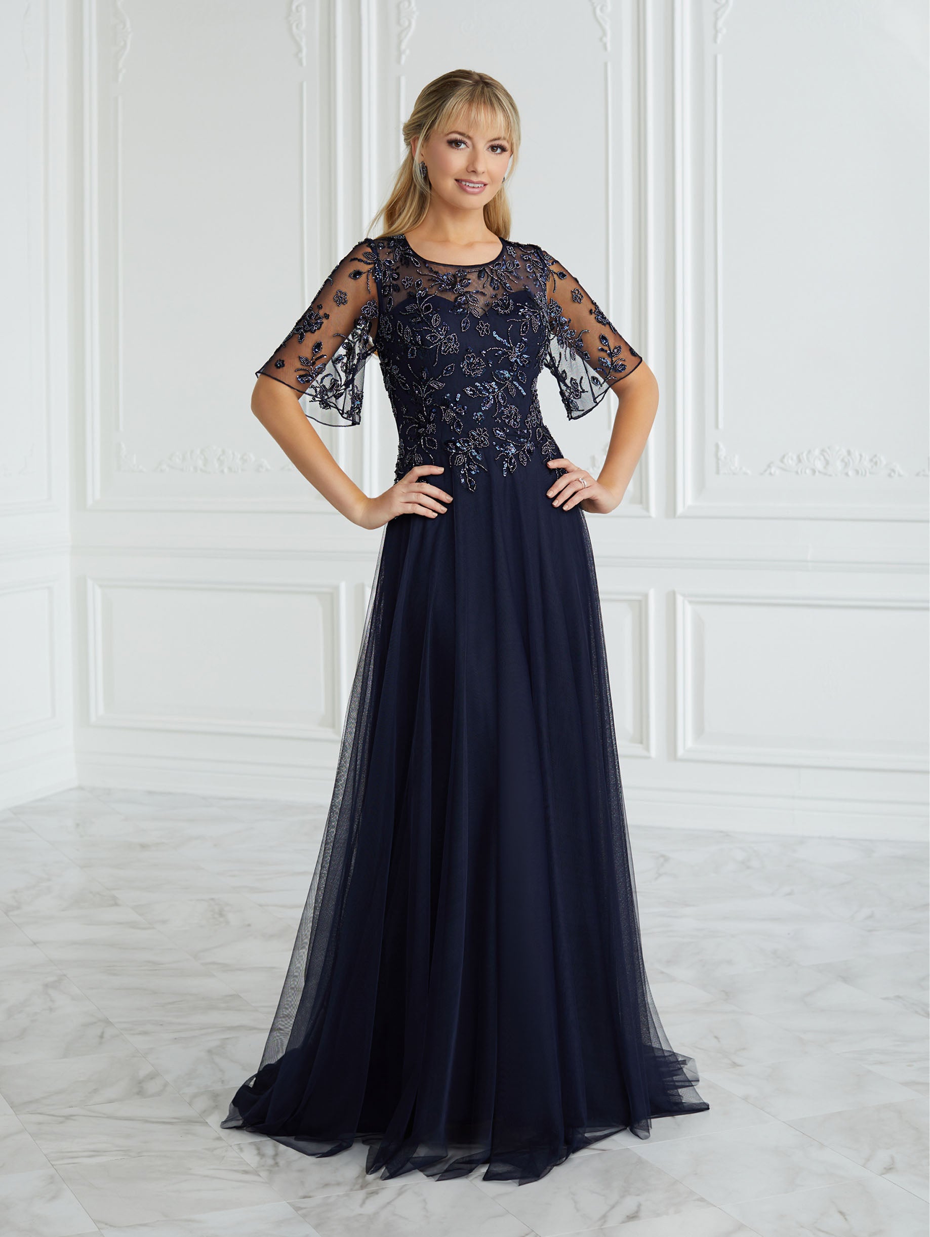 Hand-Beaded Illusion A-Line Gown 1
