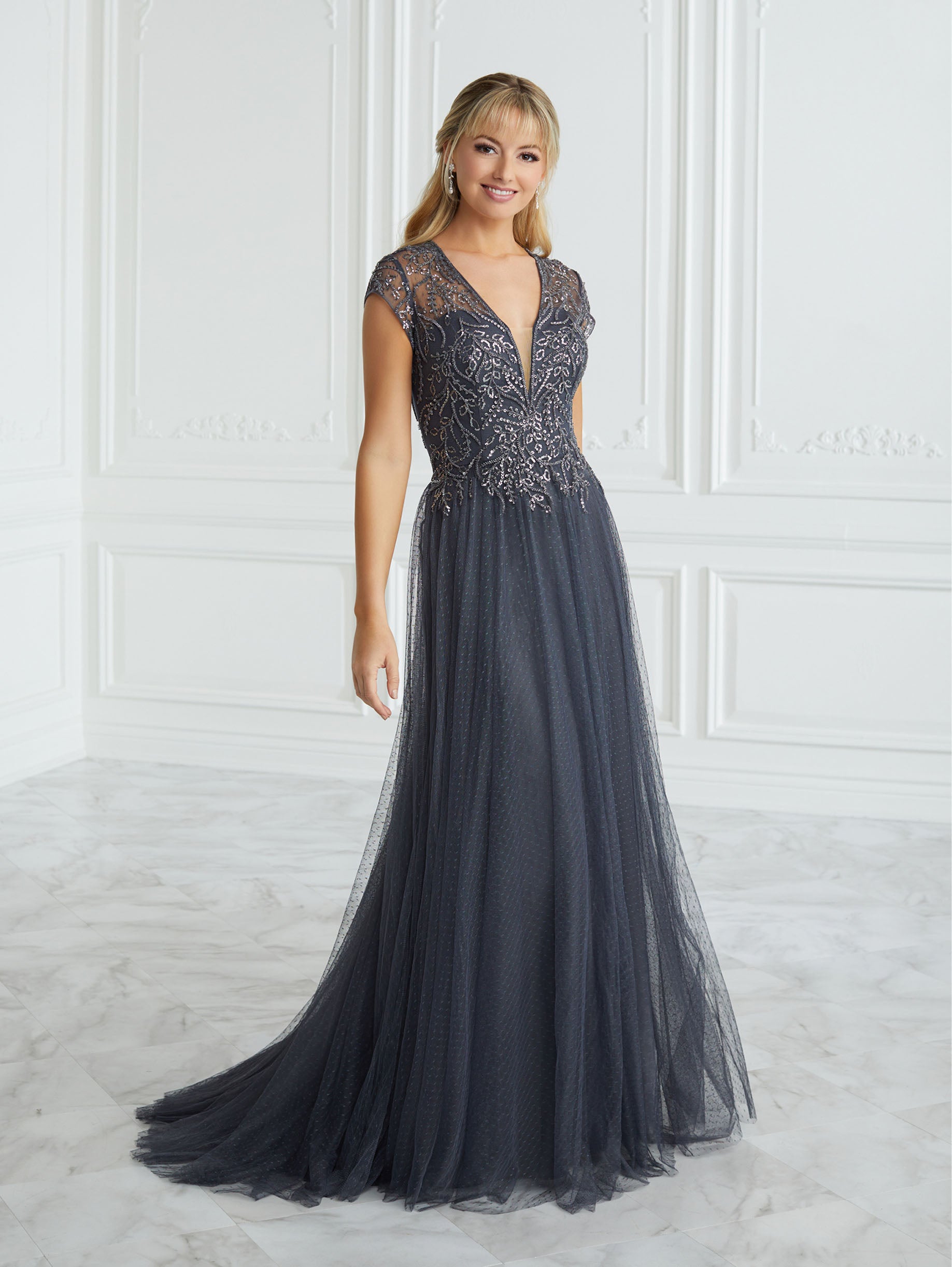 Hand-Beaded and Swiss Dot A-Line Gown 1