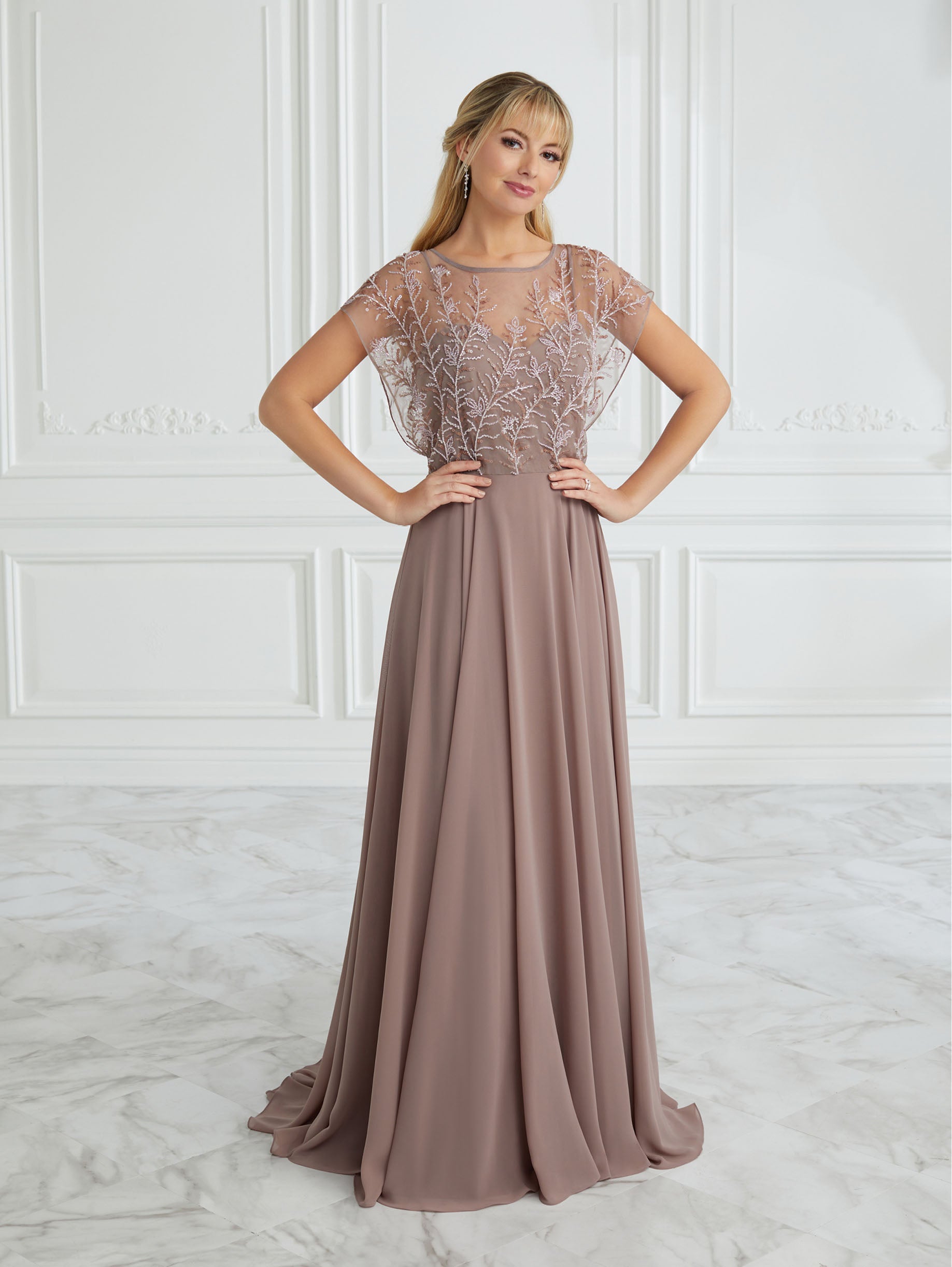 Hand-Beaded and Chiffon Illusion A-Line Gown 1