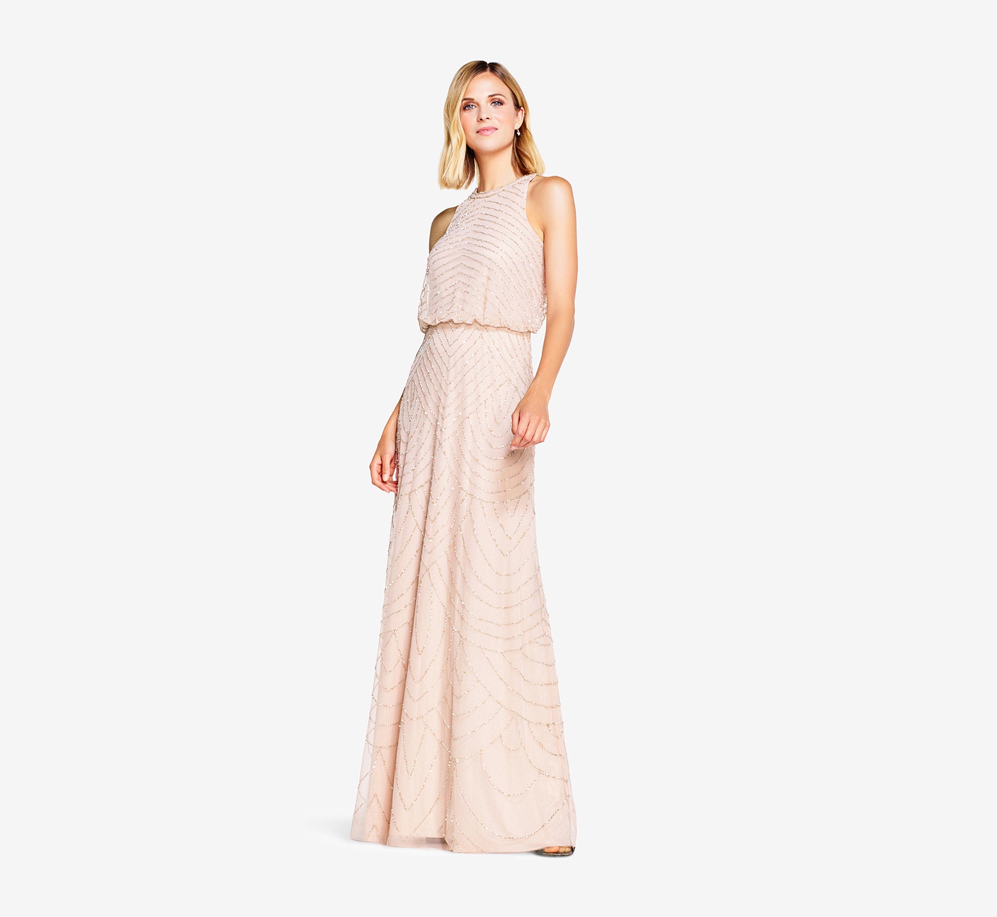 Art Deco Beaded Blouson Dress With Halter Neckline In Blush 1