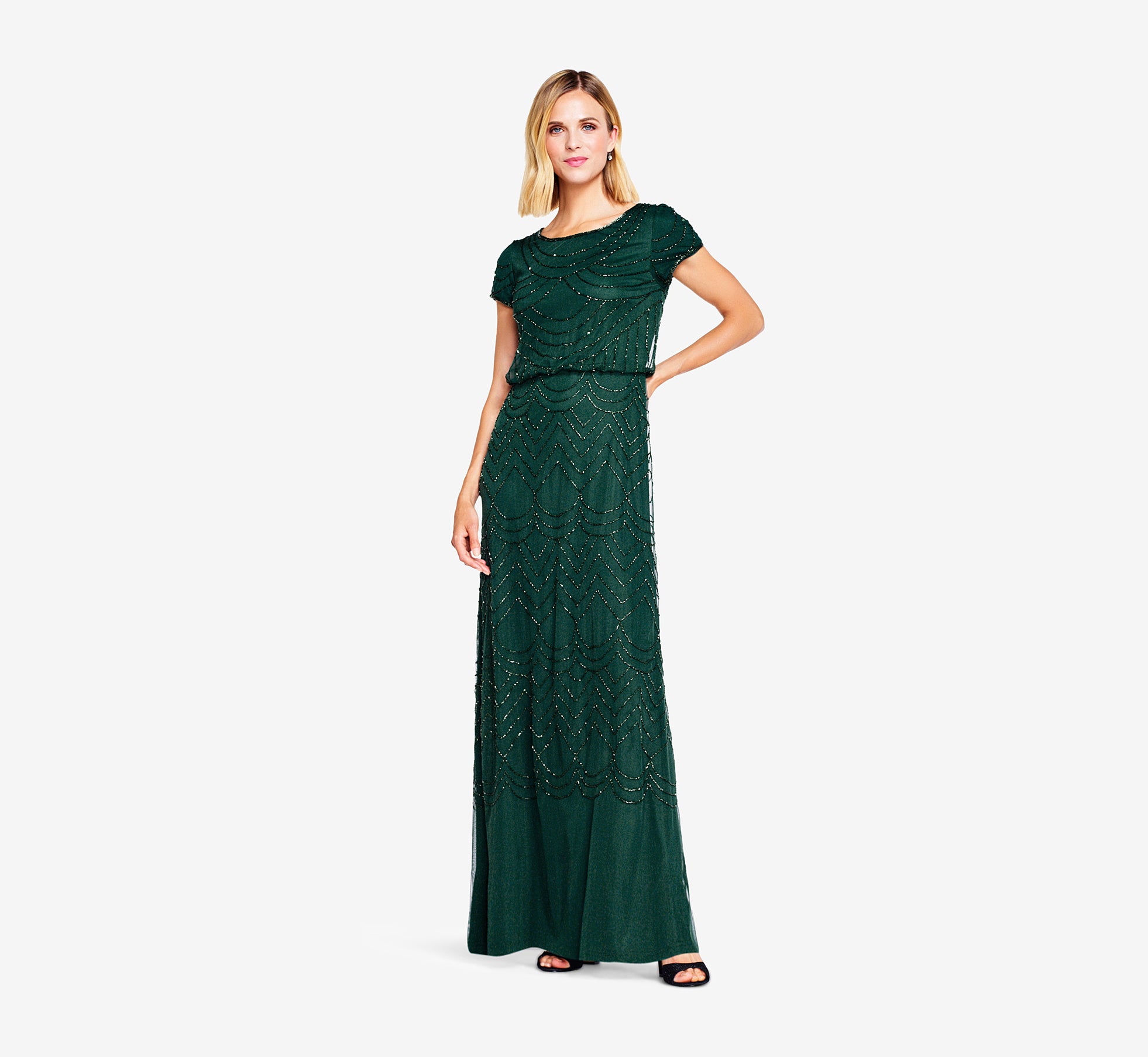 Adrianna Papell Short Sleeve Beaded Blouson Gown