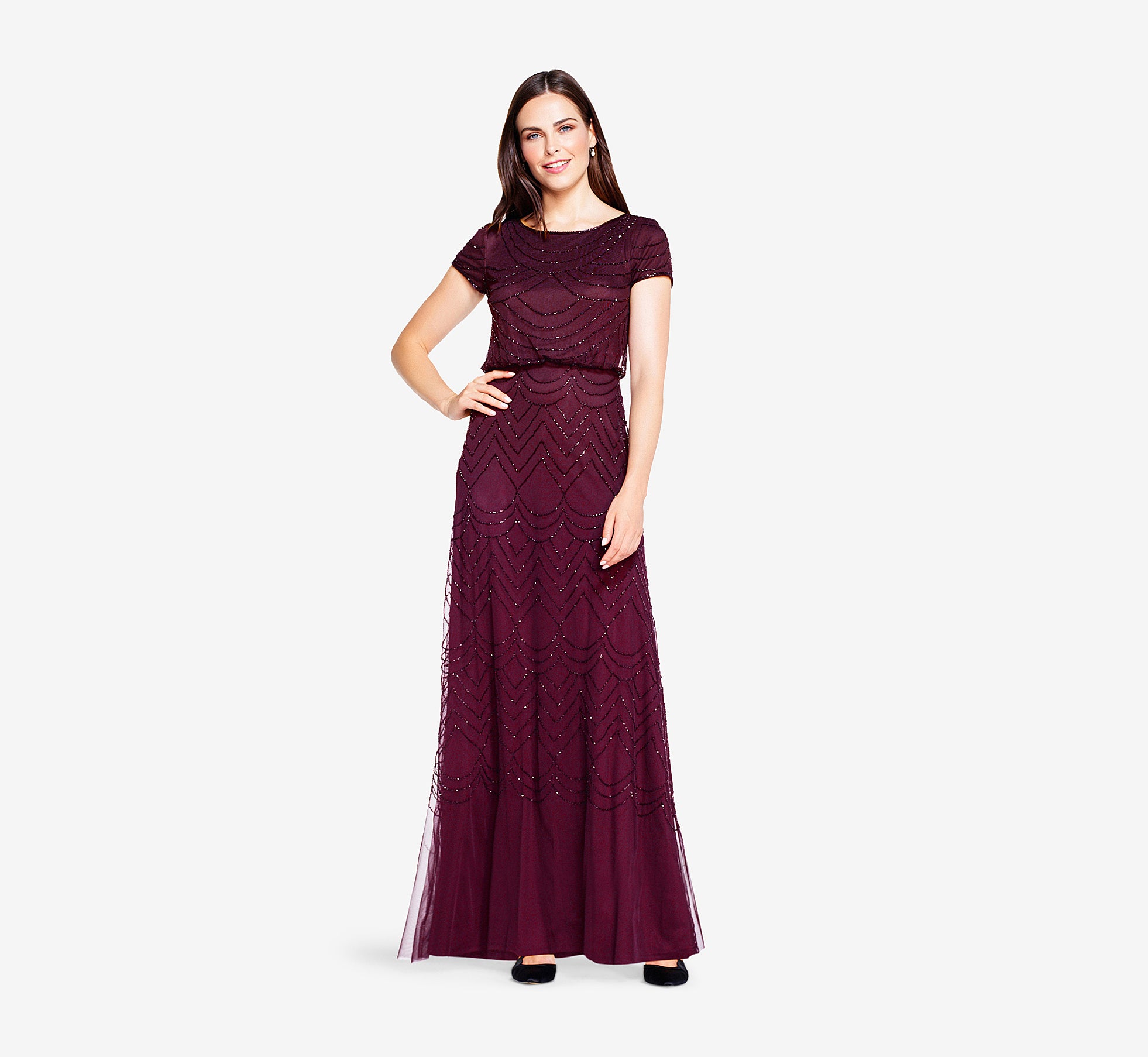 Short Sleeve Beaded Blouson Gown In Cassis 1