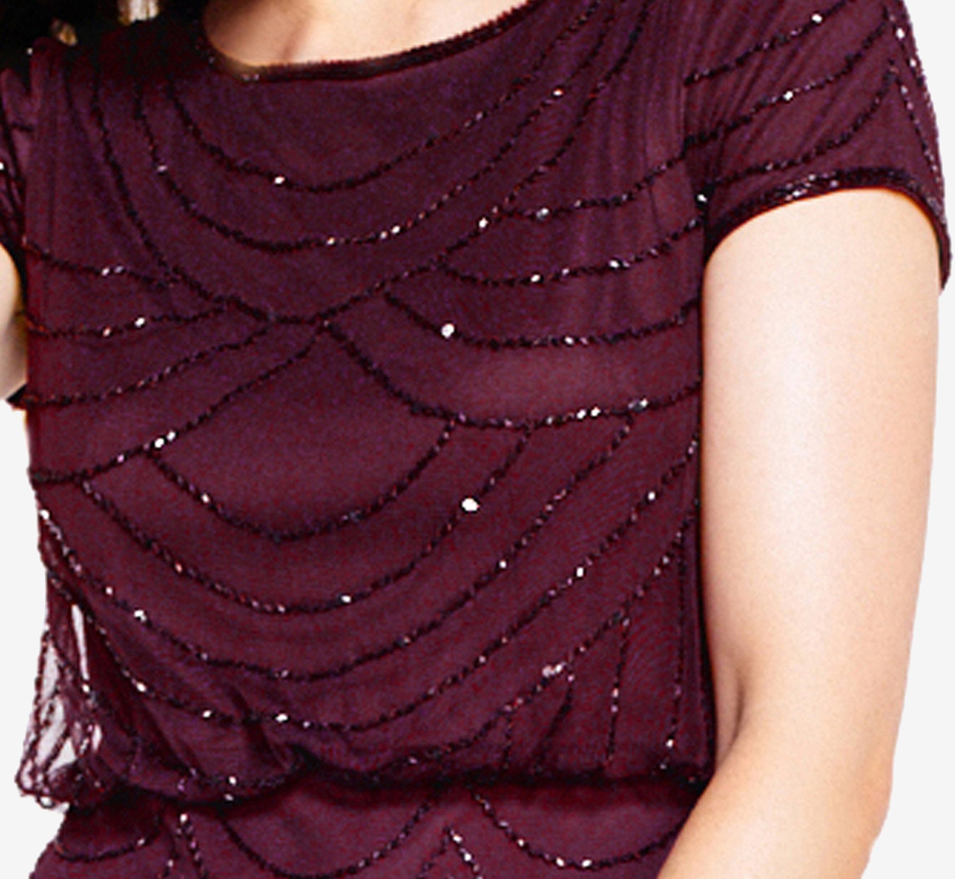 Burgandy Short Sleeve Beaded Blouson Gown - Adrianna Papell