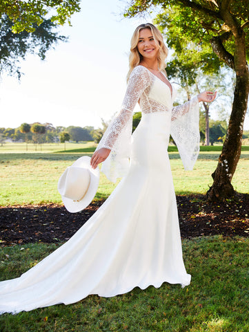 Lace and Crepe Bell Sleeve Gown 1