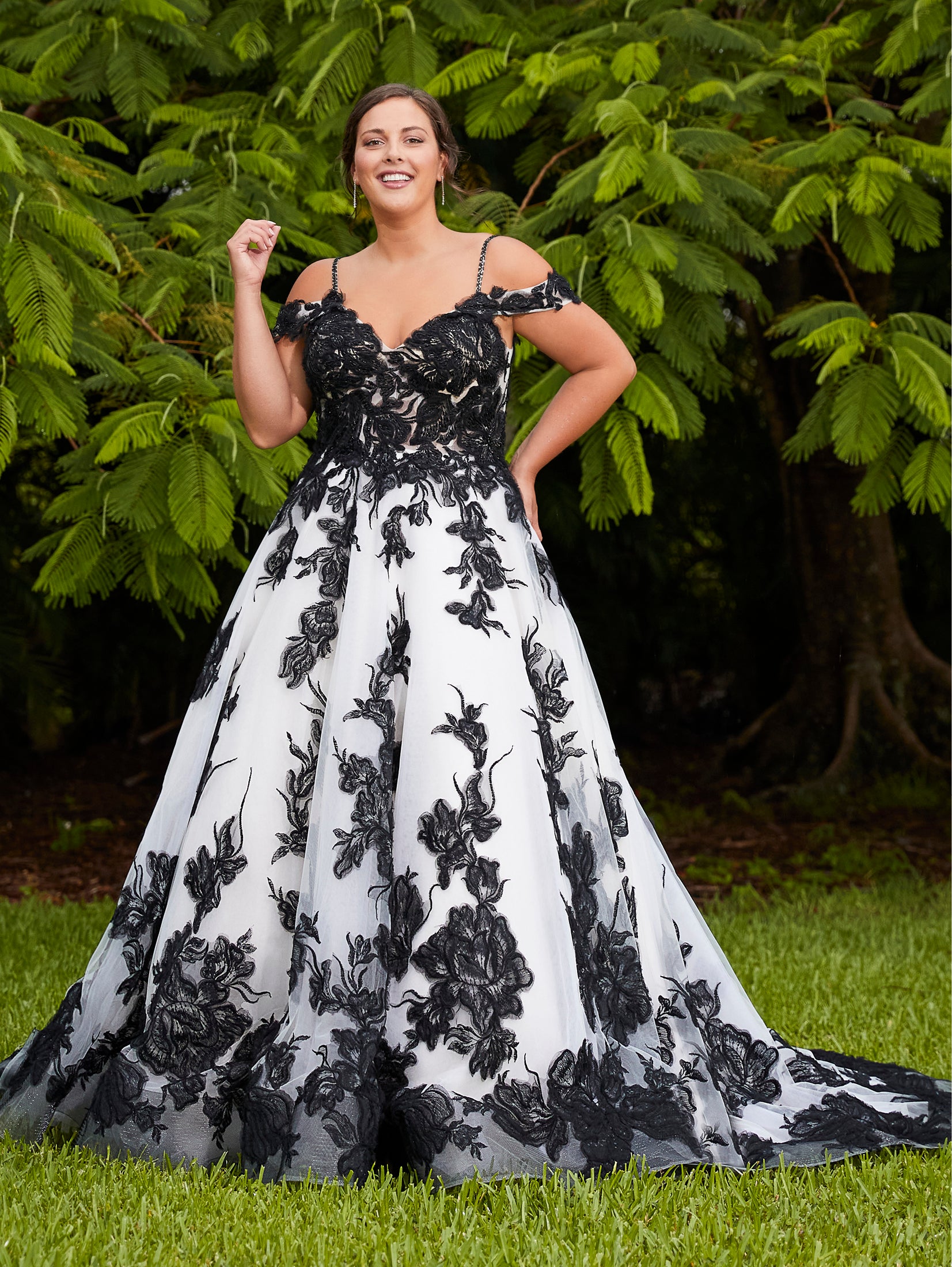 Floral Lace and Tulle Cold Shoulder Gown 1