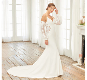 Crepe And Lace Fit-And-Flare Gown With Detachable Long Sleeves In Ivory Nude