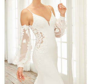 Crepe And Lace Fit-And-Flare Gown With Detachable Long Sleeves In Ivory Nude