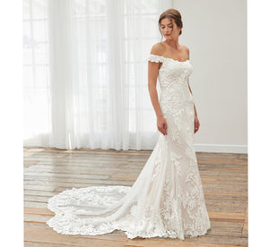 Floral Lace Off-The-Shoulder Fit-And-Flare Gown With Detachable Sleeves In Ivory Almond