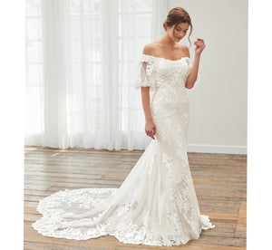 Floral Lace Off-The-Shoulder Fit-And-Flare Gown With Detachable Sleeves In Ivory Almond